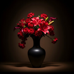 Red flowers in black vase