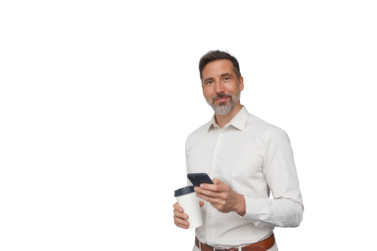 Mature businessman smiling, holding coffee and smartphone, standing on transparent background