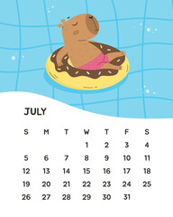 July summer month calendar with funny capybara