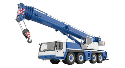 Isolated blue mobile crane truck, powerful vehicle for heavy lifting and construction projects