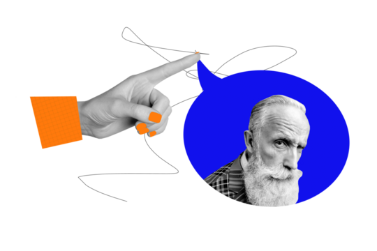 Composite trend artwork sketch image 3D photo collage of gesture finger point speech cloud empty space head old man watch grayhaired beard