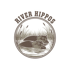 hippopotamus nature animal african river water circle bushes logo illustration