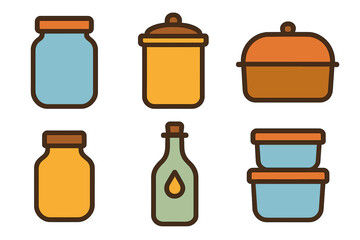 Kitchen storage containers jars bottles and food boxes in a retro color palette
