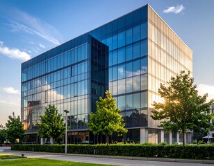 Fototapeta premium Modern glass building exterior with trees and a sunny sky