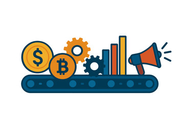 Obraz premium Financial technology process with cryptocurrency and traditional money symbols on a conveyor belt