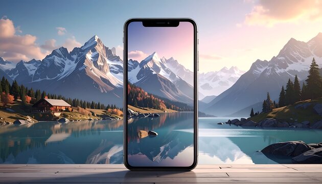 A smartphone shows a scenic mountain and lake view, with the real landscape behind. Sun rises over the water and a cabin - Powered by Adobe