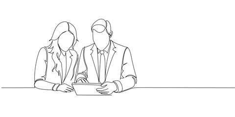 Line art Illustration of business people working together in the office. One line art style