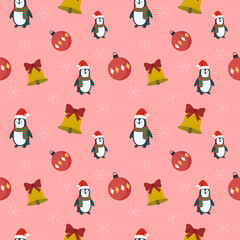 Cute Penguin Christmas Seamless Pattern Vector: Scarf, Santa Hat, Ornaments, Bells, and Snowflakes. Light Red Flat Design for Fabric and Wrapping Paper.