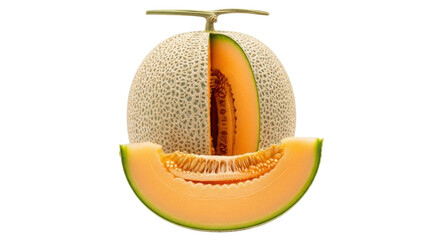 Isolated cantaloupe melon slices, ripe and juicy, with smooth rind, a healthy and sweet snack