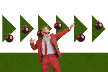 Trend artwork poster composite sketch image collage of christmas season winter holiday aged man show gift huge ball toy fir decor behind