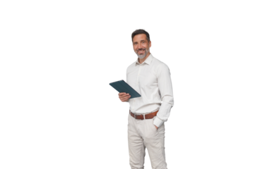 Confident businessman smiling, holding tablet with hand in pocket, posing against transparent background