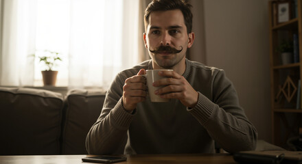 Man with mustache holding coffee mug while sitting on couch indoors