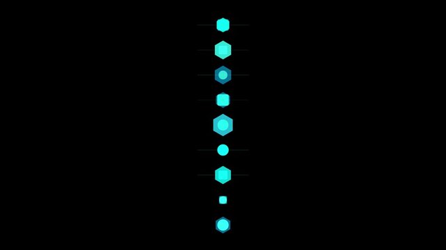 A vertical line of glowing blue geometric shapes on a black background