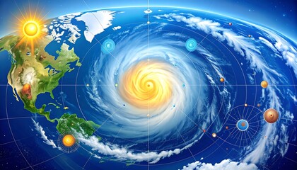 A stylized illustration shows Earth from space, highlighting a swirling hurricane. The sun and planets are also visualized