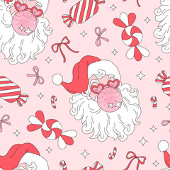 Preppy Coquette Pink Merry Christmas Santa with Bubblegum Seamless Pattern. Cute Girly Sassy Holiday Background for Fabric and Print