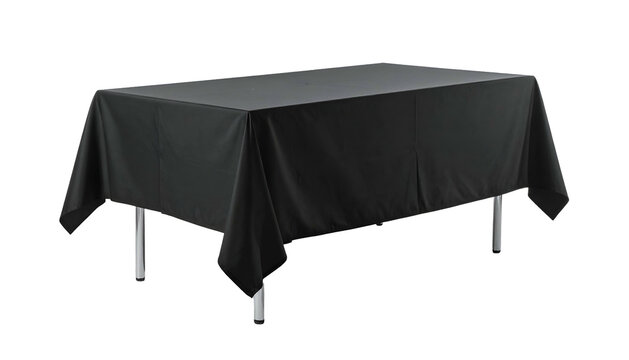 A rectangular table draped with a solid black tablecloth and silver legs on a black background