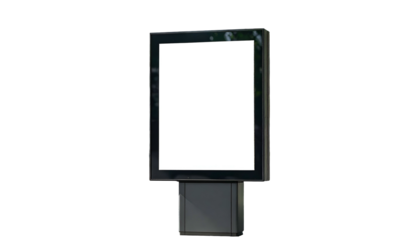 Isolated, upright illuminated rectangular sign with a blank white screen and dark surrounding frame