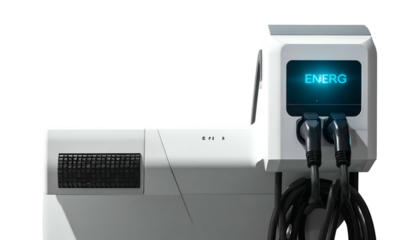 Modern, white electric vehicle charging station with a digital display. Black cables hanging