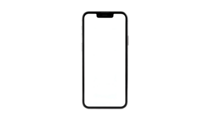 Front-facing smartphone with a blank, bright screen. Black background. Modern tech device