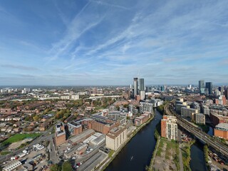 Fototapeta premium Aerial view of the Manchester skyline with incredible modern buildings and landmarks. Manchester England. 