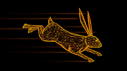 A dynamic, low poly 3D wireframe model of a rabbit running at full speed, rendered in glowing orange lines on a black background.