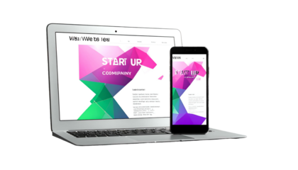 Laptop and phone mockup displaying a modern website with colorful geometric design