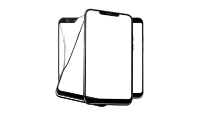 Three modern smartphones, dark screens, sleek designs, arranged on a black background