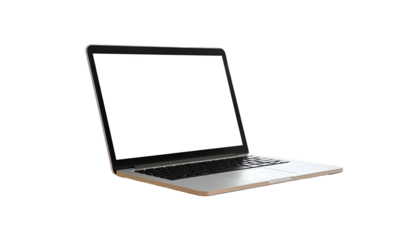 Angled shot of a silver laptop with a blank white screen, isolated on black