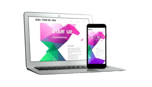 Laptop and phone mockup displaying a modern website with colorful geometric design