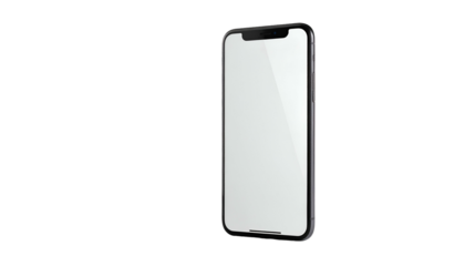 A modern smartphone, angled, with a bright screen, isolated on a black background