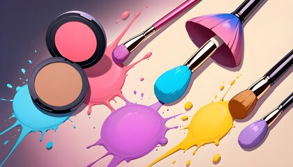 Colorful makeup brushes with powder and paint splashes