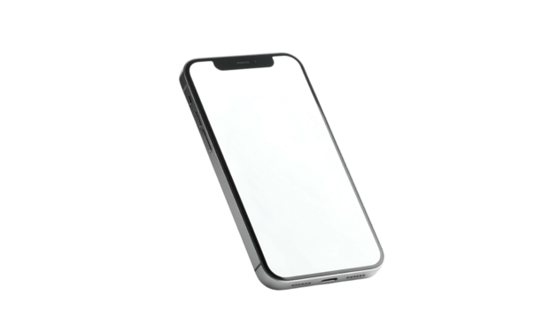 A modern, metallic smartphone angled diagonally, its blank screen glowing brightly