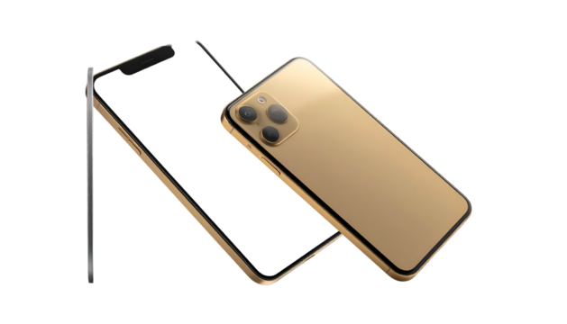 A trio of sleek smartphones with golden and black casing on a stark, dark background