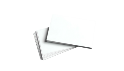 A stack of blank, rectangular, white cards with one card slightly off-center atop