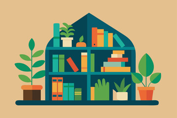 Bookshelf with plants and books illustration