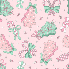 Preppy Retro Coquette Merry Christmas Debbie Cake and Peppermint Candy Seamless Pattern. Pastel Christmas Background for Print and Fabric