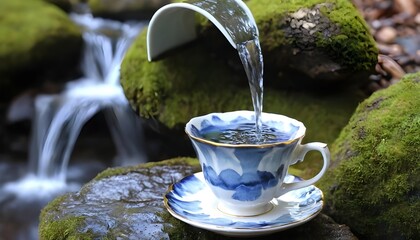 Flowing water into porcelain teacup on moss rocks