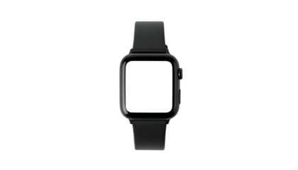 A modern, sleek, black smartwatch with a minimalist design, isolated on a black background