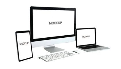 Modern devices, including monitor, tablet, laptop, and keyboard, with blank screens