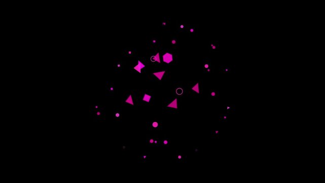 Scattered pink geometric shapes and dots on a black background