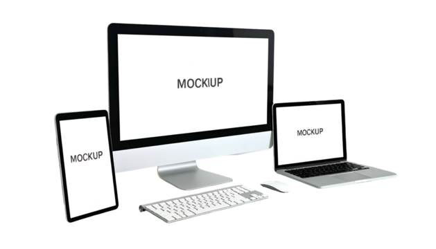 Modern devices, including monitor, tablet, laptop, and keyboard, with blank screens