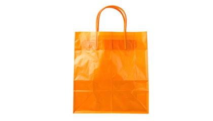 A bright orange plastic shopping bag with a square base and matching handles