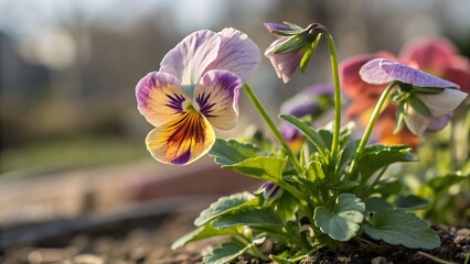 Closeup Vibrant Yellow Orange Purple Pansy Flower Garden Bloom Springtime flowers blooming