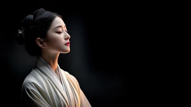 Eastern woman in Hanfu contemplates in the dark night