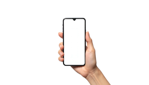 Hand holding a smartphone with a blank white screen against a solid black backdrop