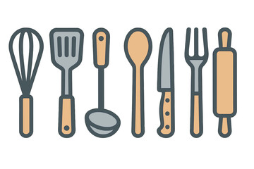 Essential kitchen utensils including whisk spatula ladle spoon knife and fork