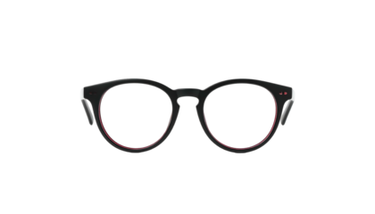 Black round-frame glasses with red accents, floating against a stark black background