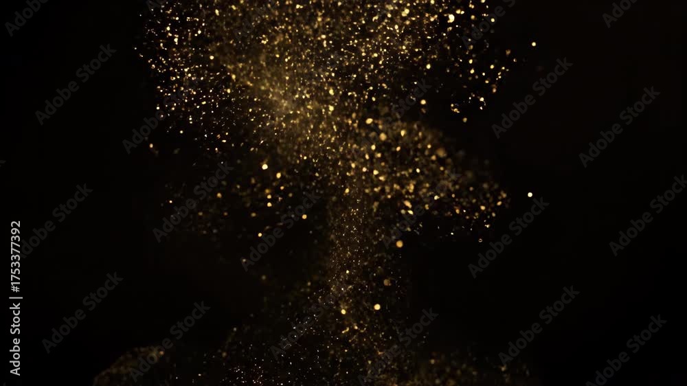 Poster shimmering gold particles slowly spiral and dissipate like a cosmic dust cloud in macro view sparkli