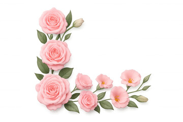 Fototapeta premium Pink roses and floral elements forming a decorative corner border on transparent background for wedding and celebrations