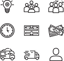 Business and Finance Icon Set with Lightbulb People Money and Delivery Trucks on White Background Keywords: business icon, finance icon, lightbulb icon, idea icon, innovation icon, people icon